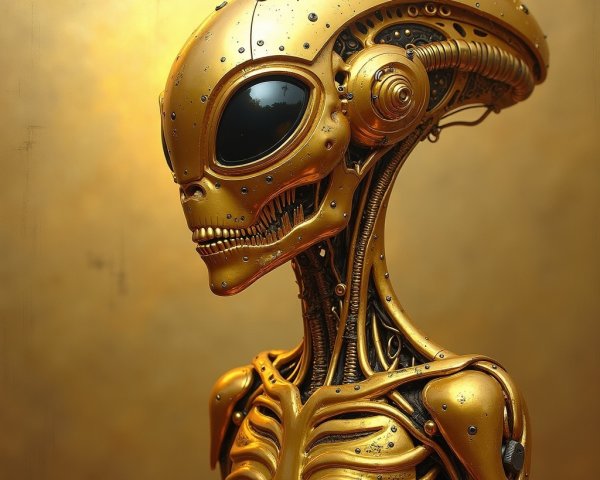 Futuristic humanoid robot with metallic design and gold