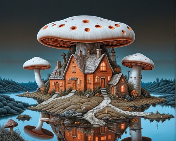 Whimsical House on an Island Surrounded by Mushrooms