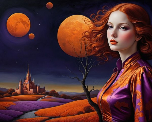 Portrait of a Woman in Enchanted Landscape with Moons