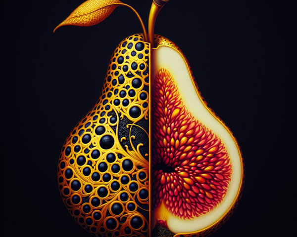 Artistic Split Pear with Glossy Exterior and Jewel Tones