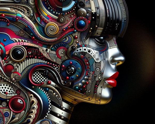 Stylized Human Face with Mechanical Elements and Colors