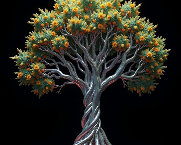 Stylized tree with vibrant orange blossoms and lush foliage
