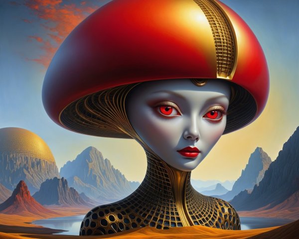 Stylized Alien Woman in Futuristic Mountain Landscape