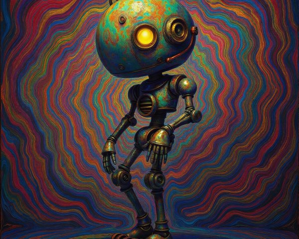 Psychedelic Steampunk Robot on Circular Stage