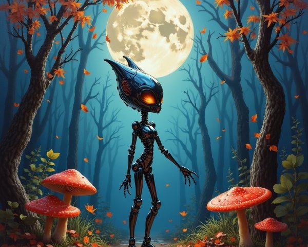 Metallic Creature in Mystical Forest Under Full Moon