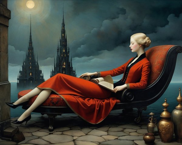 Elegant Woman in Red Gown Reading Under Moonlit Sky