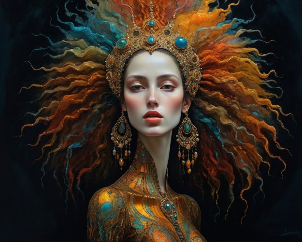 Detailed Oil Painting of a Woman in Golden Gown