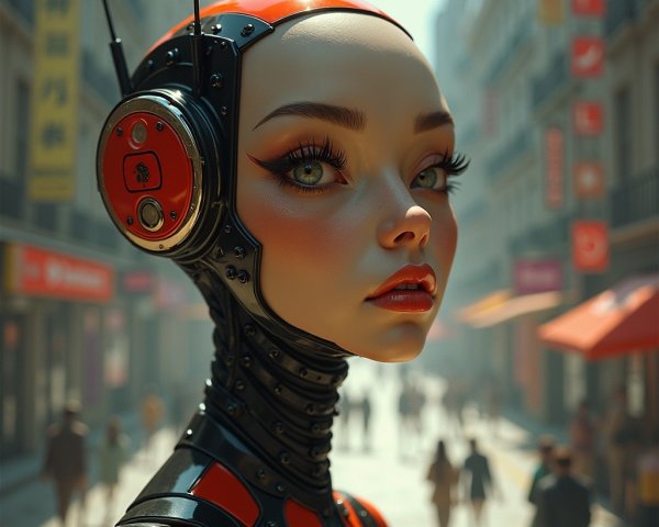 Futuristic Humanoid Figure in Vibrant Urban Setting