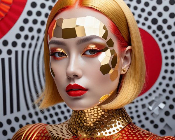 Close-up of a model with geometric gold accents