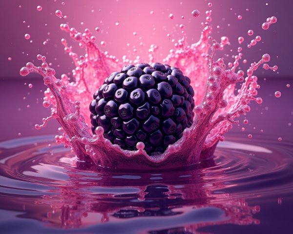 Black Raspberry Splash in Purple Water Background