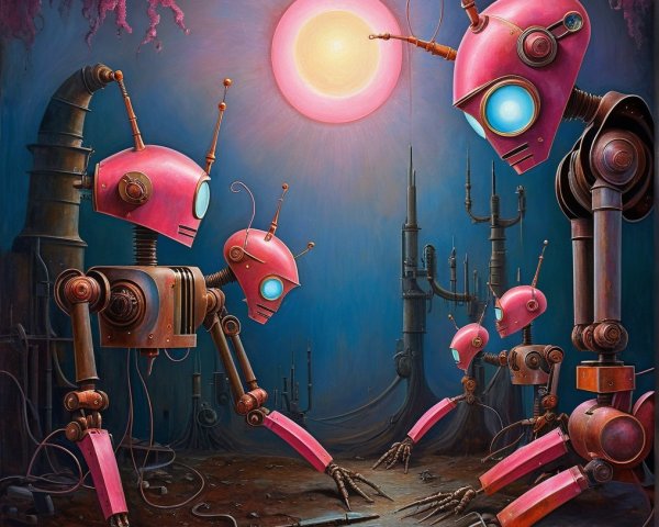Whimsical Robots in a Futuristic Surreal Landscape