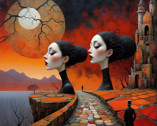 Surreal Landscape with Elongated Heads and Sunset