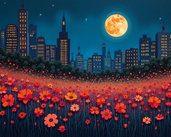 Vibrant Field of Flowers Under a Full Moon and City Skyline