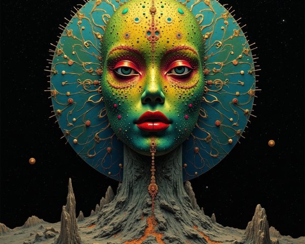Surreal Face in Textured Landscape with Cosmic Backdrop