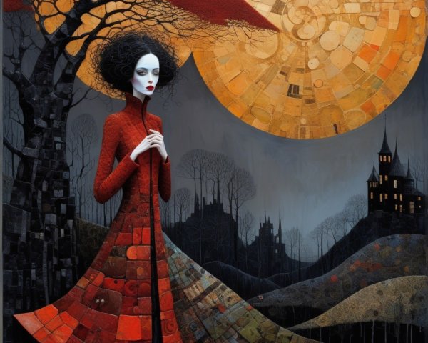 Mysterious Figure in Red Coat in Surreal Landscape