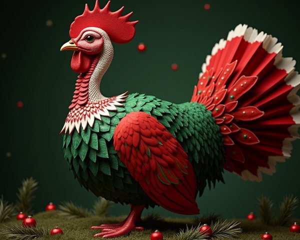 Whimsical Rooster with Festive Red Ornaments and Pine