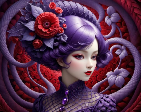 Stylized portrait of a woman with purple hair and roses