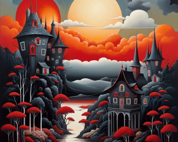 Haunted Whimsical Autumn Landscape Painting Description