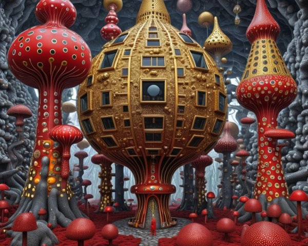 Surreal Landscape with Red and Gold Mushroom Structures