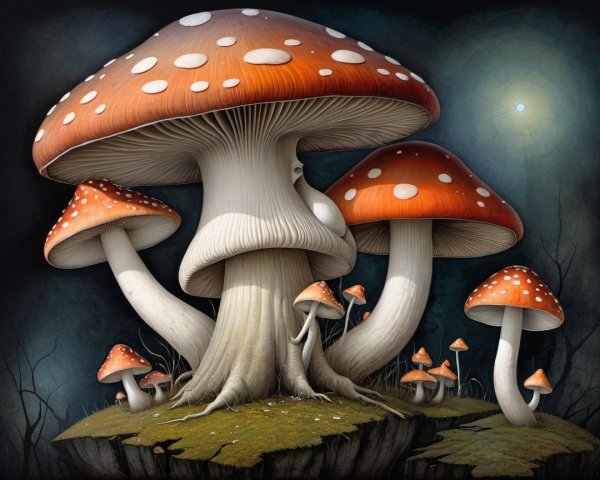 Vibrant Mushrooms in a Dark Mystical Landscape