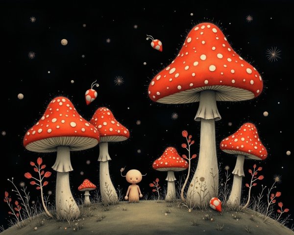 Whimsical Night Scene with Mushrooms and Stars
