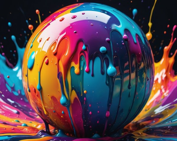 Glossy Sphere Surrounded by Colorful Paint Splashes