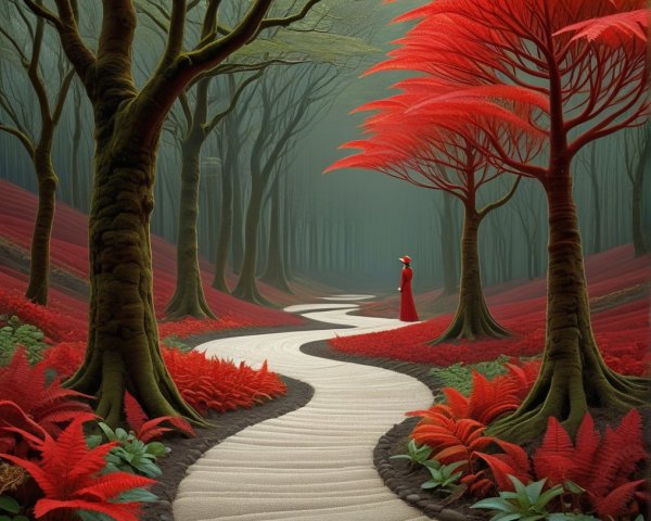 Mystical Forest Path with Red Foliage and Mist