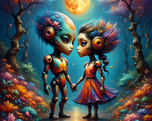 Humanoid Robots in an Enchanted Forest Under Moonlight