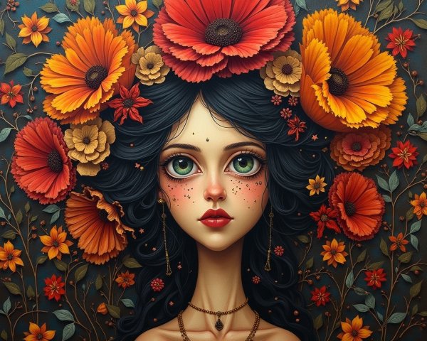 Stylized Portrait of a Woman with Floral Accents