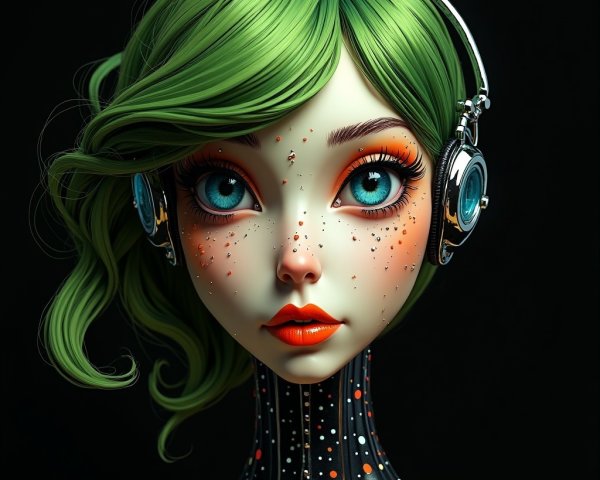 Stylized Character with Green Hair and Blue Eyes