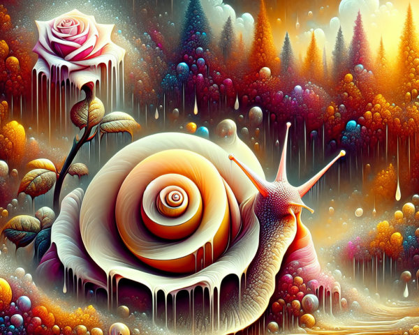Surreal Landscape with Spiraled Snail and Vibrant Colors