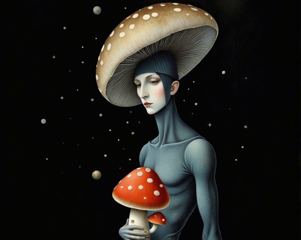 Surreal Figure with Mushroom Hat Against Starry Background