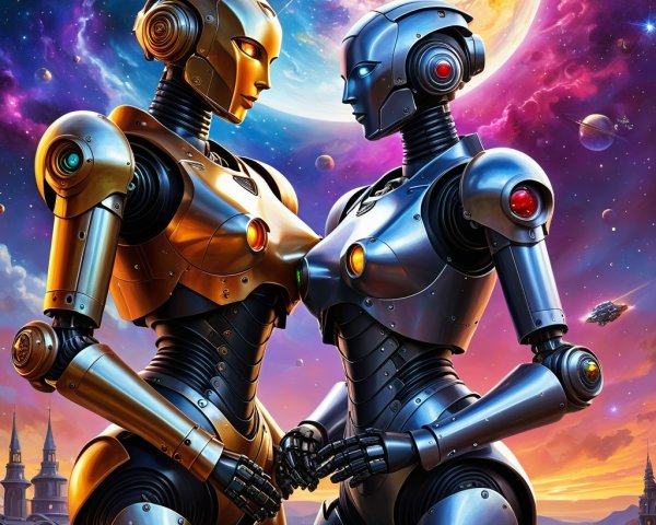 Futuristic Robots in Cosmic Landscape Holding Hands