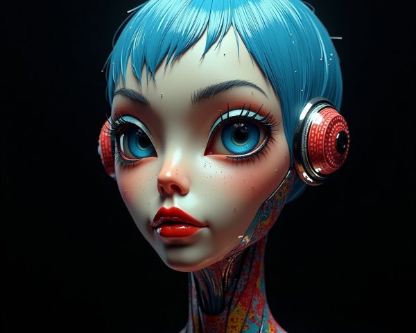 Stylized Character with Blue Hair and Futuristic Design