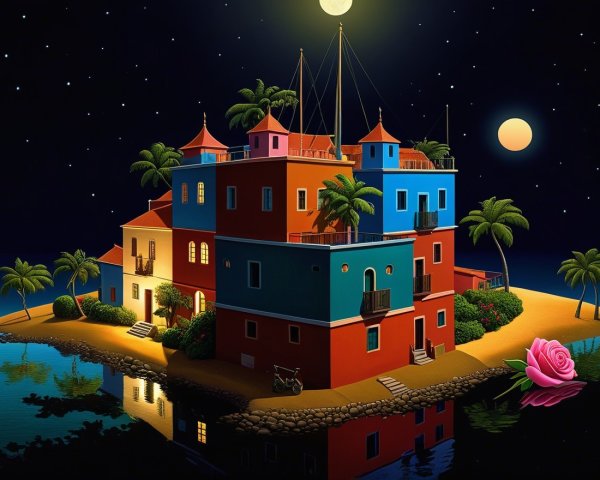 Whimsical Nighttime Island Scene with Colorful Building