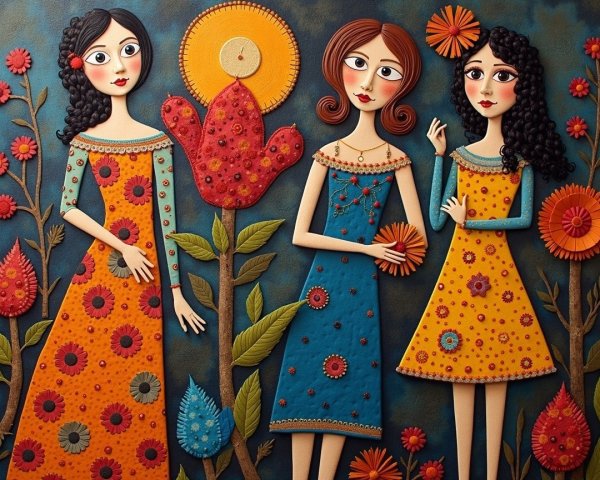 Whimsical Women in Colorful Floral Dresses Against Blue