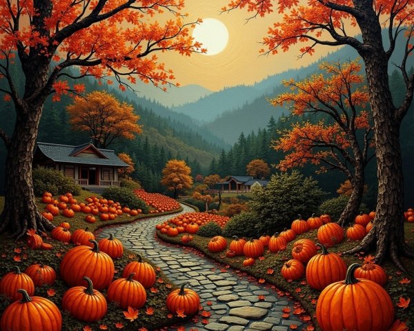 Autumn Landscape with Cobblestone Path and Pumpkins