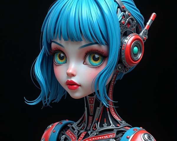 Futuristic Doll with Blue Hair and Cybernetic Details