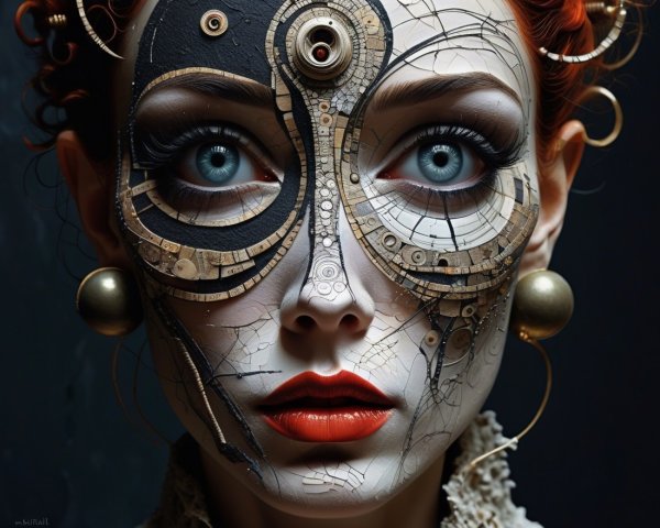 Futuristic figure with mechanical designs and blue eyes