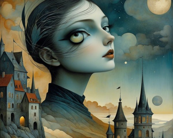 Surreal Artwork of Ethereal Woman in Dreamlike Landscape