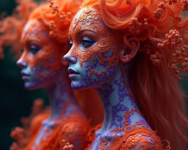 Figures with Orange Hair and Intricate Body Art