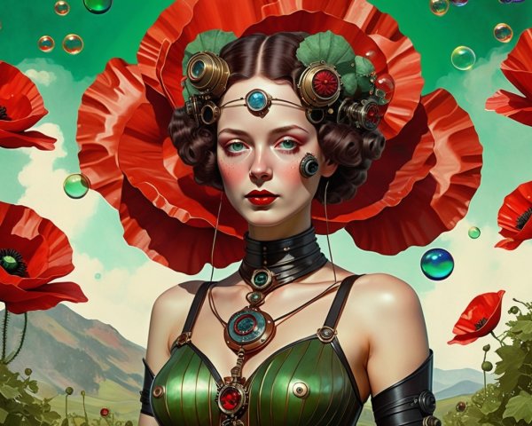 Figure in Unique Headpiece Among Red Poppies