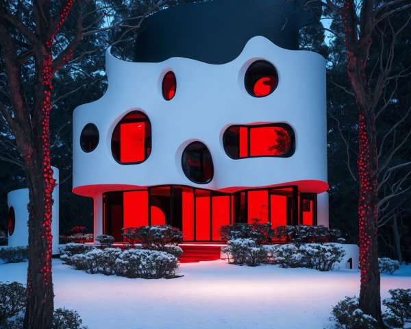 Futuristic White House with Wavy Roof and Red Lights