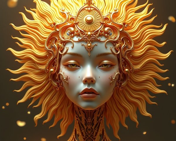 Fantastical figure with sun crown and blue skin