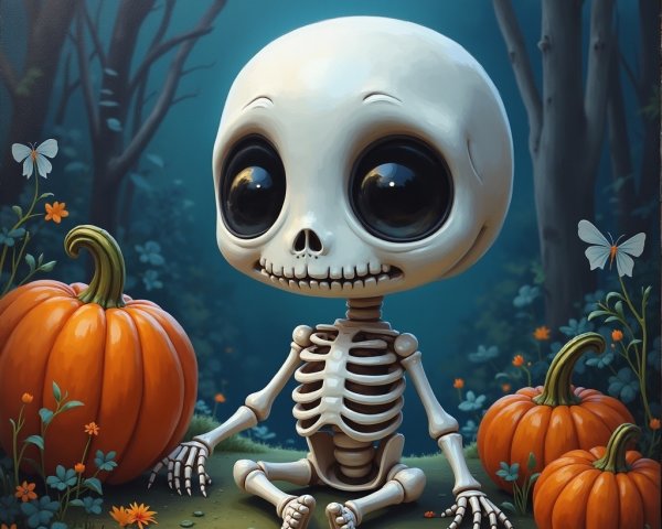 Whimsical Skeleton Character in Moonlit Pumpkin Forest