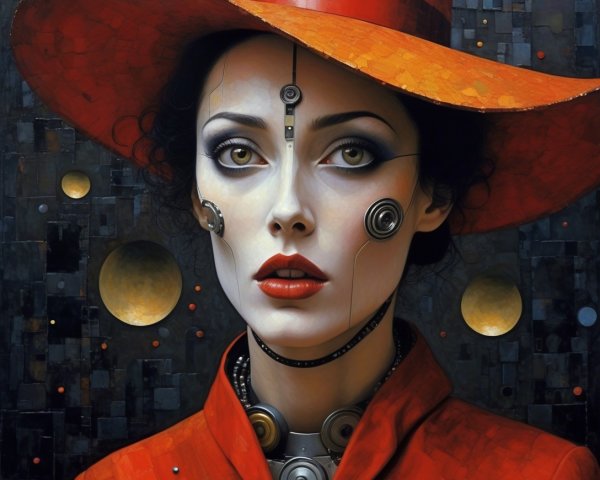 Detailed Oil Painting of a Female Cyborg in Orange