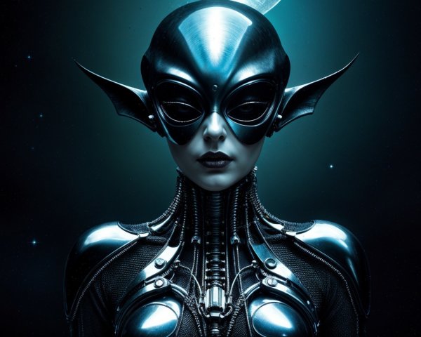 Futuristic Metallic Figure with Cosmic Background
