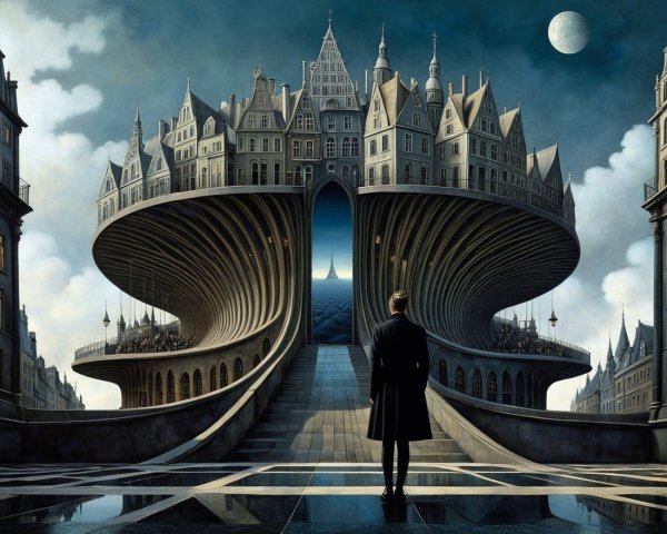 Surreal Landscape with Ornate Building and Moonlight