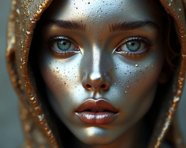 Portrait of a model with metallic skin and hood
