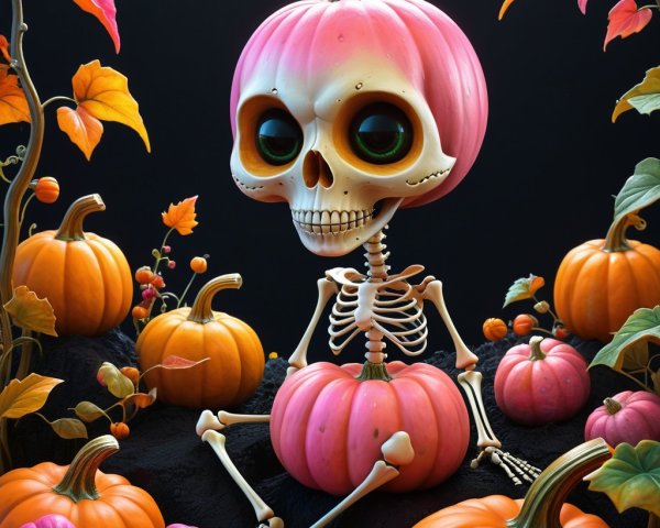 Whimsical Skeleton Surrounded by Colorful Pumpkins
